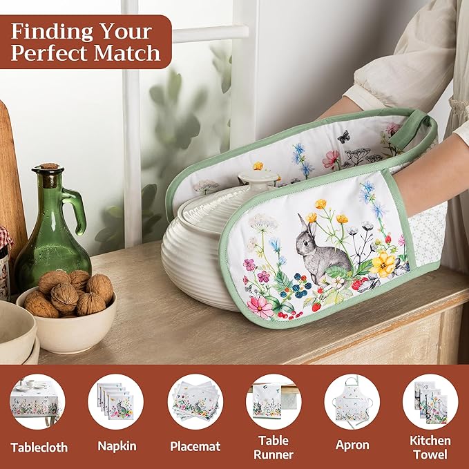 Maison d' Hermine Double Oven Mitts 100% Cotton 7"x35" Double Oven Mitt Heat Resistant BBQ Cooking Gloves with Loop Baking Grilling Gifts for Mothers Day Spring Summer (Printemps)