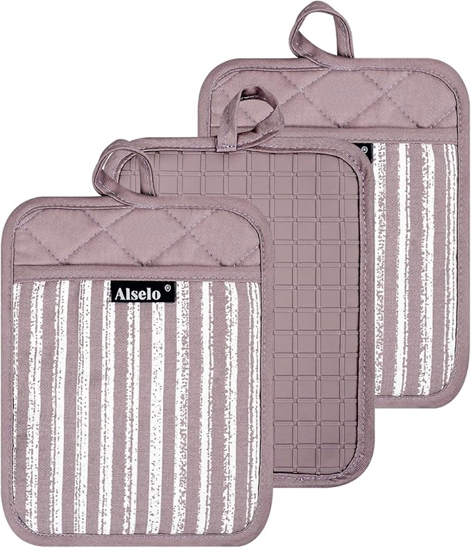 Alselo Silicone Pot Holders Set of 3 Heat Resistant & Non Slip Potholders, Professional Oven Hot Pads with Pockets Mitts for Kitchen Cooking Baking Barbecue (3, Purple)