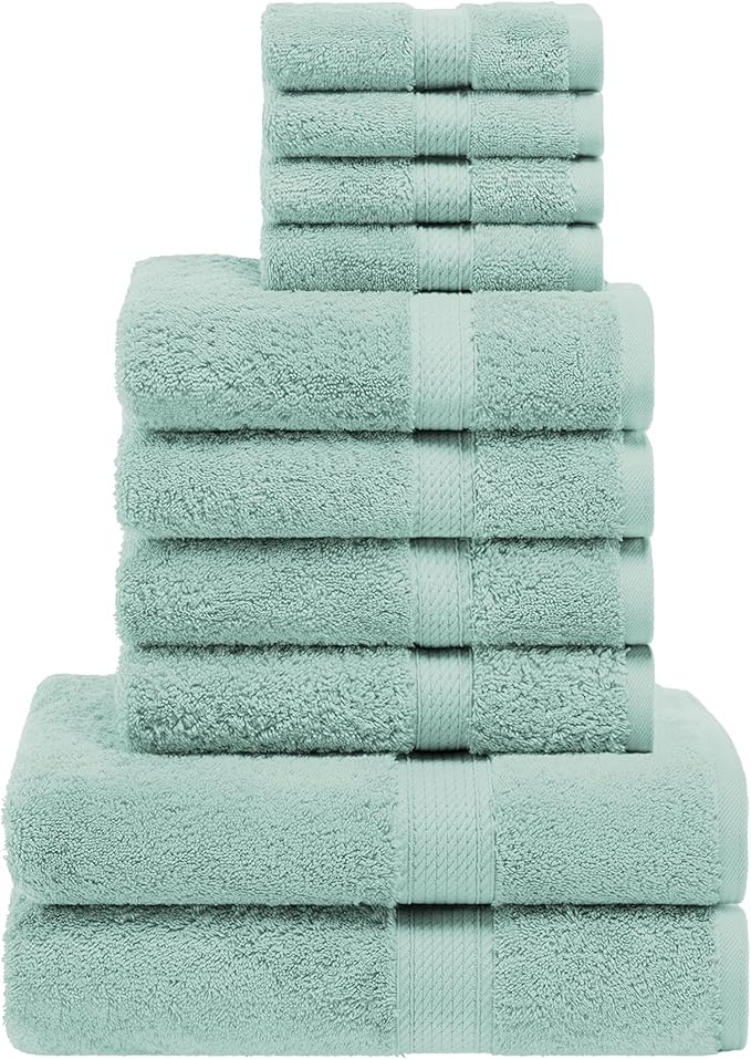 SUPERIOR Egyptian Cotton Pile 10 Piece Towel Set, Includes 2 Bath, 4 Hand, 4 Face Towels/Washcloths, Ultra Soft Luxury Towels, Thick Plush Essentials, Guest Bath, Spa, Hotel Bathroom, Sea Foam