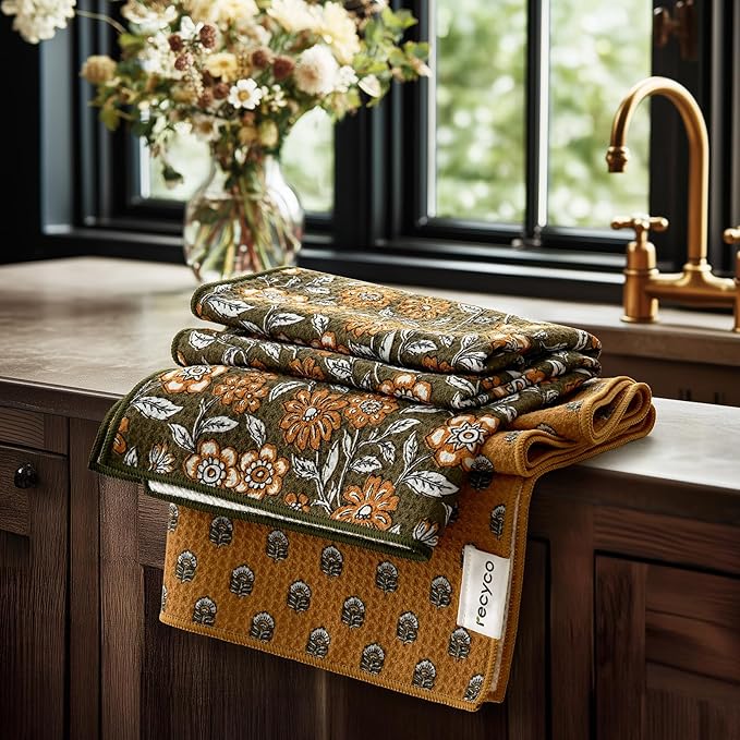 RECYCO Waffle Kitchen Towel Set of 2 - Quick Dry Microfiber Sustainable Dish Towels - Ultra Absorbent Reusable Cleaning Tea Towels - Lightweight Hand Towels,16”x 28”, Amber Flora