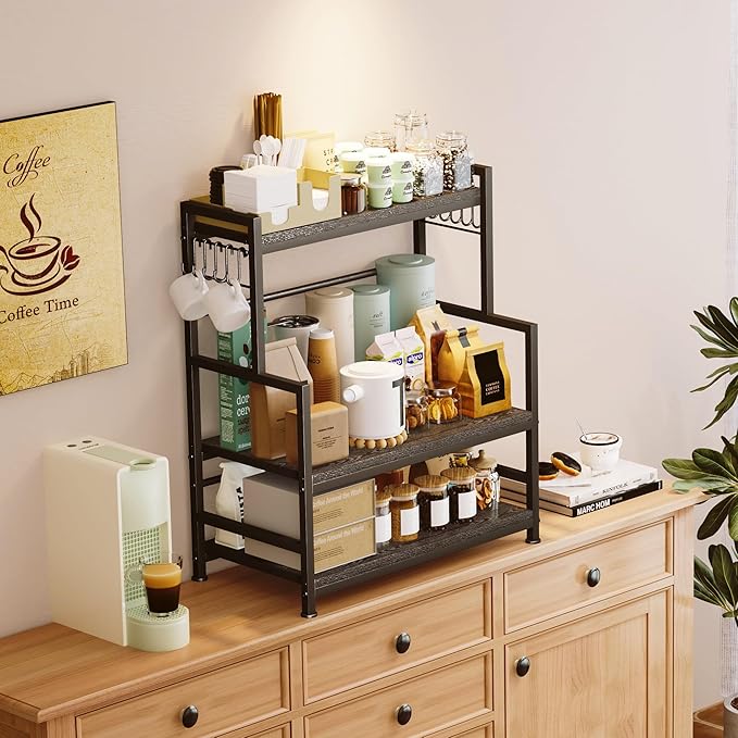 23.6"W Large Kitchen Countertop Organizer, 3 Tier Spice Rack Organizer with Adjustable Shelf and 10 Hooks, Wooden Counter Organizer, Countertop Shelf Microwave Stand for Kitchen, Coffee Bar, Black