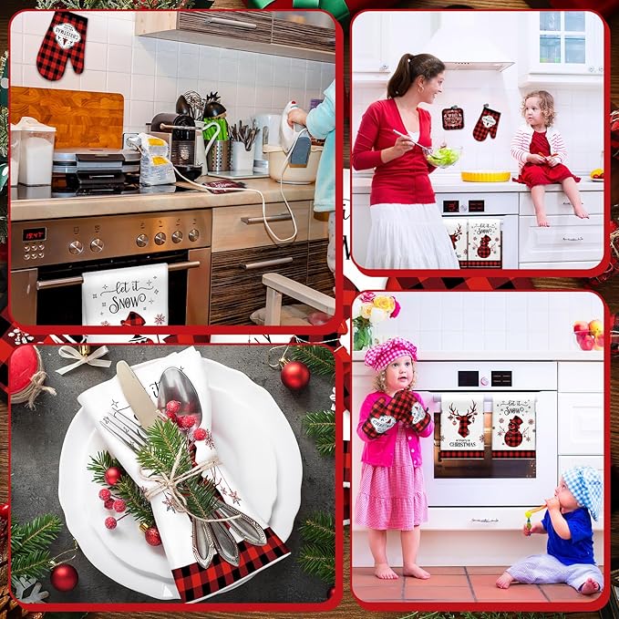 Peryiter 5 Pcs 4th of July Kitchen Towels Pot Holders and Oven Mitt Set Patriotic Retro 2 Dish Towels 2 Square Potholders 1 Heat Resistant Glove for Cooking Baking Gifting Home (Red and Black Plaid)