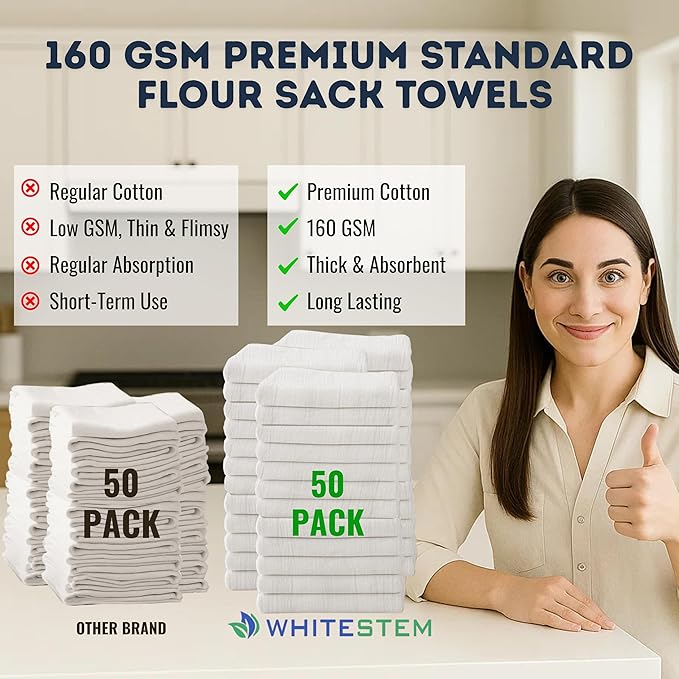 Flour Sack Towels | Tea Towel for Crafts | Kitchen Dish Cotton Blank Towel for Embroidery | Baking Bread Proofing Linen Cover | Thick Absorbent Quick Dry | 50 Pack 18"x28" Natural