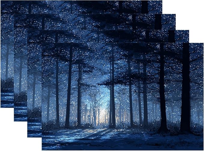 Batmerry Snowy Forest Placemats, Starry Night Forest Scene Washable Linen Table Mats for Kitchen Table Double Insulation Decor Dining Set Indoor Outdoor 12X18 in Set of 4