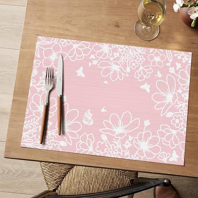 Artoid Mode Pink Weed Wild Flower Vinyl Plastic Placemats Set of 4, 12x18 Inch Woven Washable Non-Slip PVC Place Mats for Party Kitchen Dining Decor