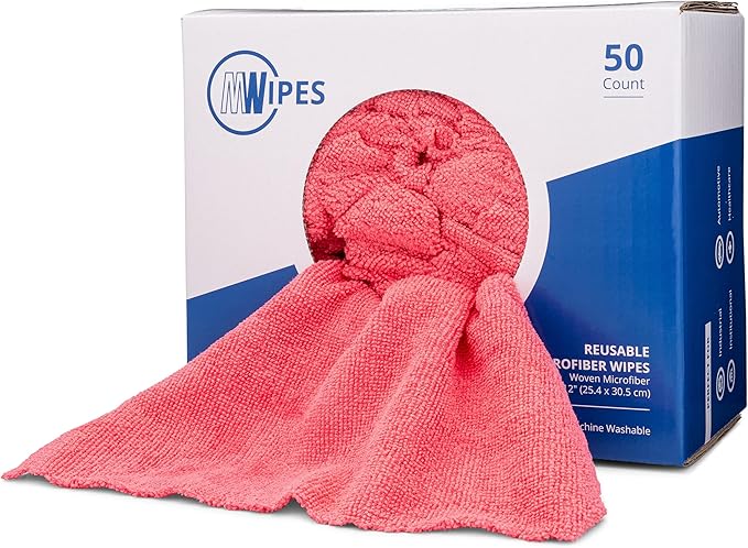 Microfiber Wholesale Microfiber Shop Towels | MWipes Reusable Red Shop Rags | 50 Rags in a Box | Super Absorbent, Machine Washable Hundreds of Times | Automotive, Paint, Industrial, Detailing