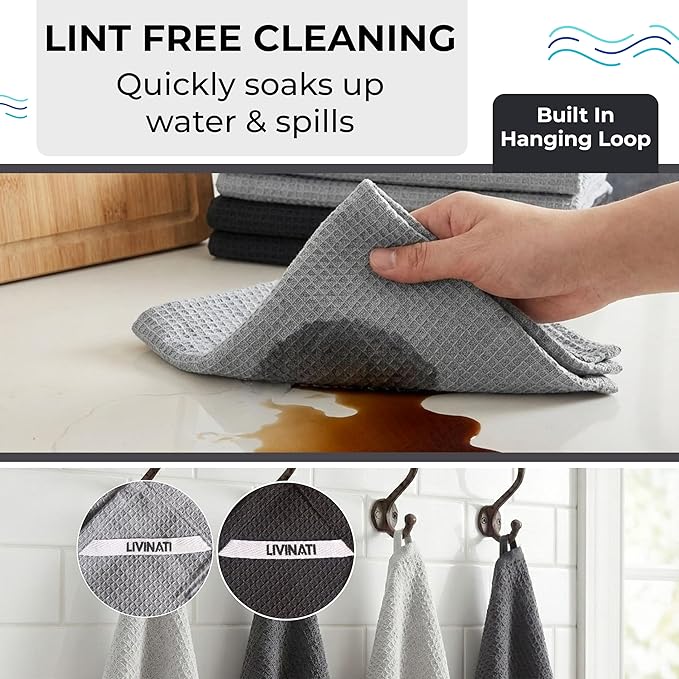 Highly Absorbent Cotton Dish Towels for Drying - Set of 3+3 - Light Gray + Dark Gray Kitchen Towels - 18"X28" Lint Free Waffle Weave Cloth Linen Hand Bathroom Bulk Dishtowels