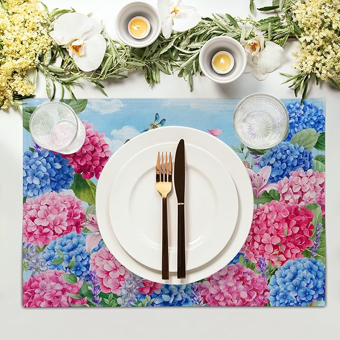 Hydrangea Flowers Cat Spring Placemat Set 12x18 in Seasonal Holiday Table Mats for Party Kitchen Dining Decoration