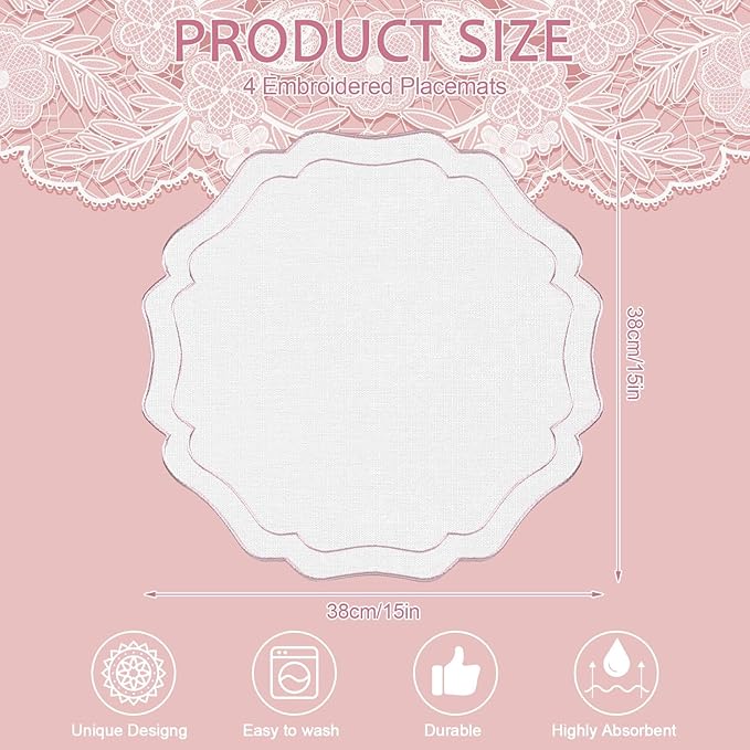 8 Sets Ribbon Twirl Cotton Linen Placemats, 15 inch Embroidery Round Cloth Table Mats with Pink Scalloped Edge Washable Fabric Place Mats Flower Shape for Wedding Baby Shower Party Table Decor