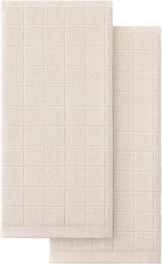 Homaxy 100% Cotton Terry Kitchen Towels(Beige, 13 x 28 inches), Checkered Designed, Soft and Super Absorbent Dish Towels, 2 Pack