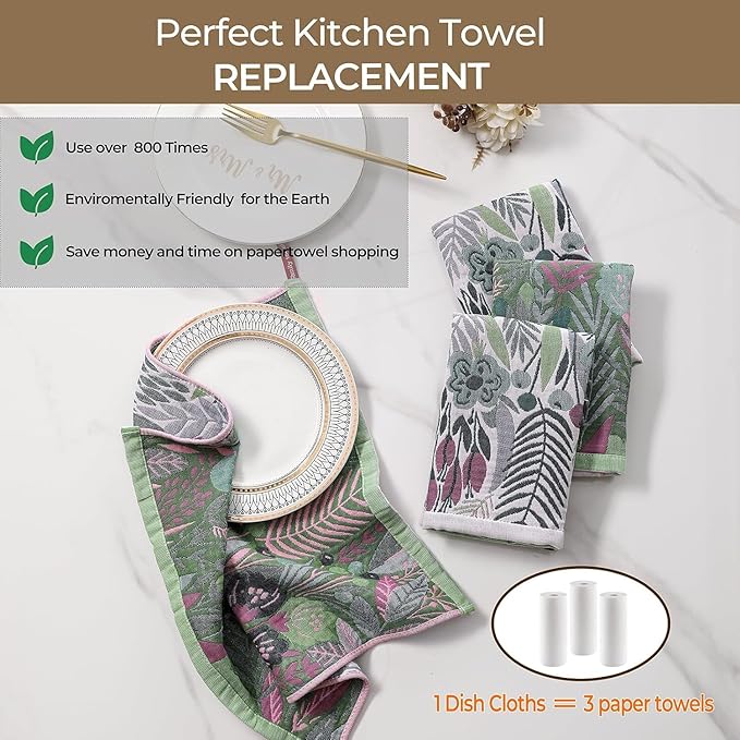 Kitchen Towels Set of 8 100% Cotton Hand Towels Dish Towels with Hanging Loop Absorbent Reusable for Cleaning Cute Design Home Decorative, Vintage Flower- 16x15 Inch