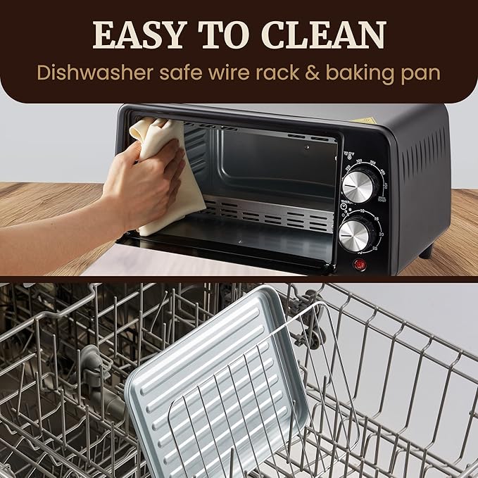 Elite Gourmet ETO449X 9L / 4-Slice Countertop Toaster Oven, Compact Design, 30-Min Timer, Adjustable Temp up to 450°F, 800W Quartz Heating, Drop-Down Crumb Tray, Bake, Broil, Toast, Black