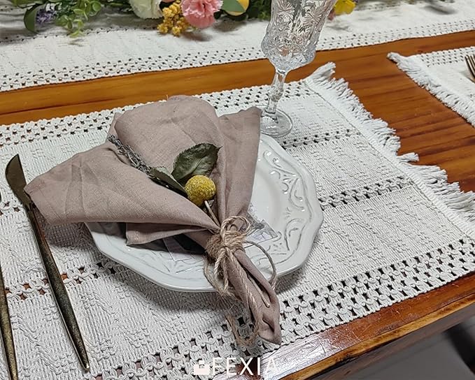 FEXIA Boho Placemats Set of 6, Macrame Table Decor and Farmhouse Style Placemats Natural Cotton Burlap, for Dining Table Kitchen