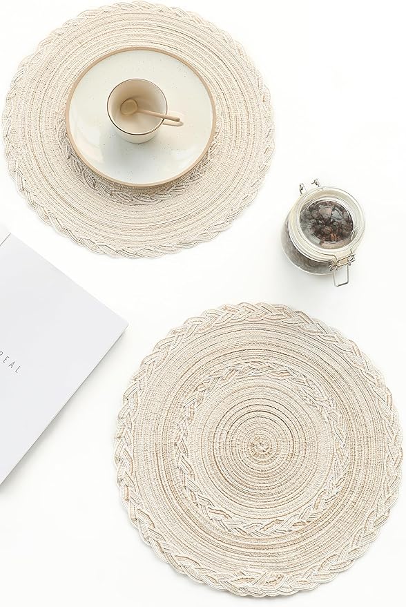 Floroom 15 Inch Round Braided Placemats Set of 4, Washable Heat Resistant Cotton Polyester Circle Boho Place Mats for Kitchen Dining Table - Canvas Beige Bordered