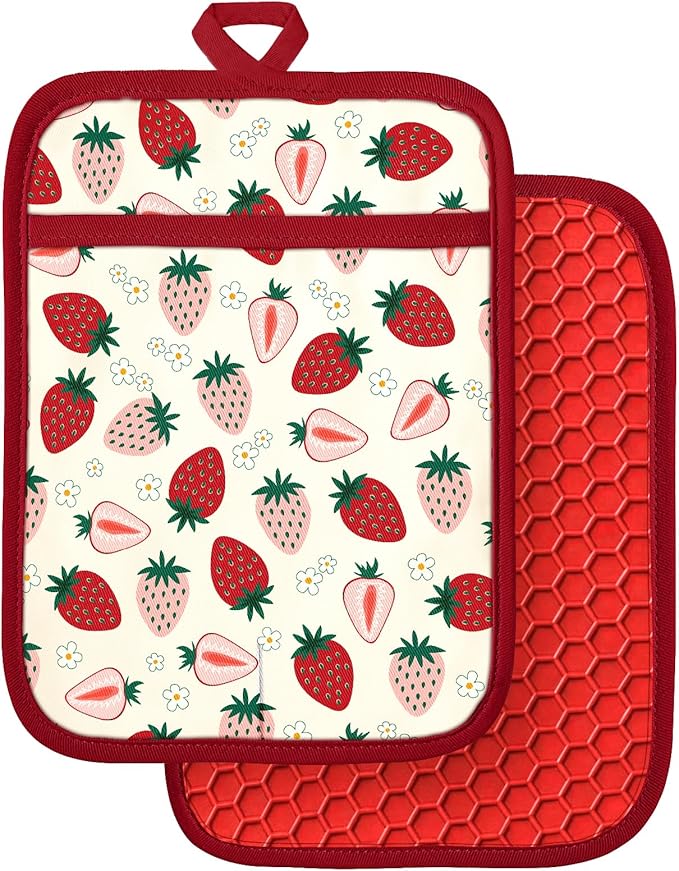 Slohif Silcone Strawberry Pot Holders for Kitchen - 100% Cotton Red Cute Oven Potholders with Pockets, Heat Resistant Square Thick Hot Pads, House New Home Baking Baker Gifts,2pack