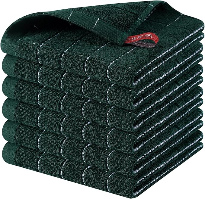 Homaxy 100% Cotton Terry Kitchen Dish Cloths, Ultra Soft and Absorbent Dish Towels for Kitchen, Suitable for Drying and Washing Dishes, 6 Pack, 12 x 12 Inches, Blackish Green