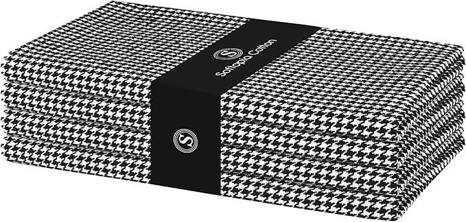 Napkin 100% Cotton Cloth Napkin Decorative Washable Houndstooth Check Napkins Set of 4 for Home, Kitchen, Dining, Cocktail Parties & Camping - Black (18”X18”)