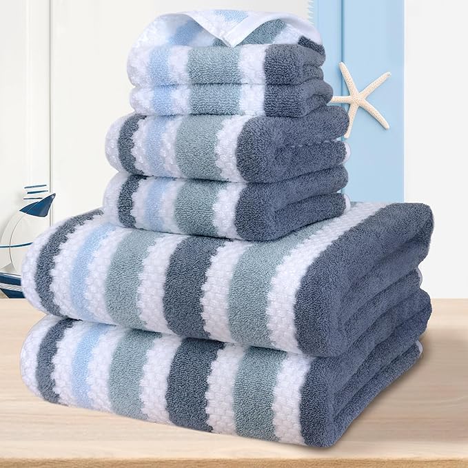 VOOVA & MOVAS Stirpe Towels for Bathroom - Quick Dry | Lightweight | 540GSM,2 Bath 30"x56", 2 Hand 16"x27",2 Washcloths 13"x13",Cotton Blend Towels with Hanging Loops,Blue Gray White Stripe