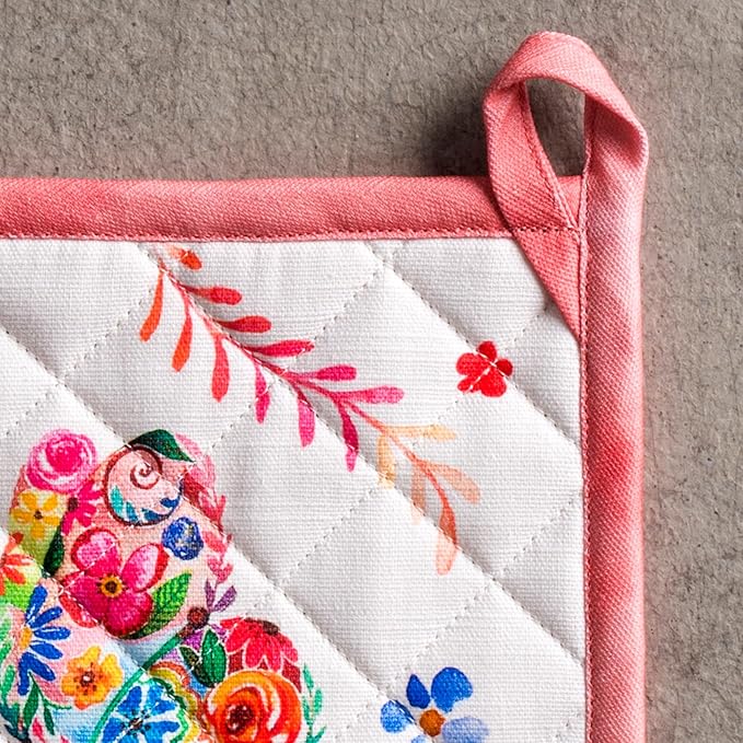 Maison d' Hermine Pot Holders 100% Cotton Heat Resistant Potholders 8" x 8" Hot Pads with Loop Baking Gifts for Mothers Day Handling Hot Pans Spring/Summer(Pack of 1, Happy Florals - High Summer)