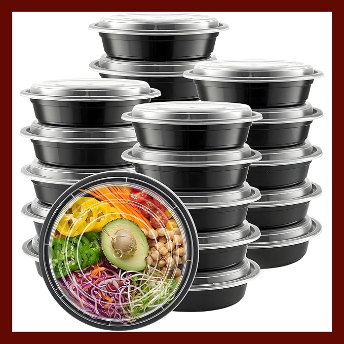 Meal Prep Containers Round [60 Set] x [24 oz] with Lids, 1 compartment, Stackable, Reusable, Leakproof, Food Safe, Microwave, Freezer & Dishwasher Safe for Food Prep Storage (60 Set, 24 oz)