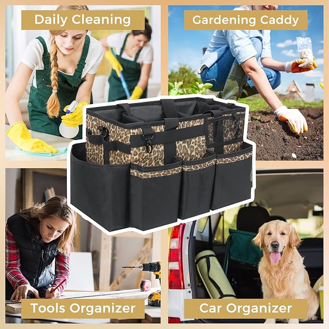 SCAVATA Wearable Cleaning Caddy, Cleaning Caddy Supplies Organizer with Handle & Shoulder Straps for Housekeepers, Under Sink & Car Cleaning Tool Organizers Bag with 4 Foldable Divider (Leopard)