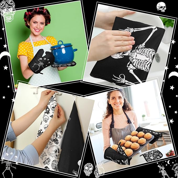 Leinuosen 8 Pcs Skull Kitchen Decor Set Kitchen Towels Gothic Oven Mitts and Pot Holders Skeleton Hand Dish Towels Horror Oven Mitts for Home Decoration Party Gifts (Black and White,Skeleton)