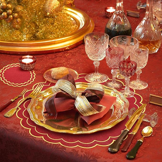 Set of 8 Christmas Round Cotton Linen Placemats with Coaster, 15" Red Scalloped Embroidery Placemats Double Layered Heat Resistant Washable Table Mat for Xmas Winter Party Kitchen Dining Table