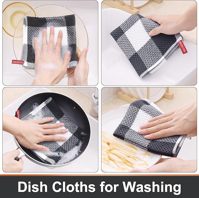 Mordimy 100% Cotton Waffle Weave Plaid Dish Cloths, 12 x 12 Inches, Super Soft and Absorbent Quick Drying Buffalo Check Dish Rags for Kitchen, 6-Pack, White & Dark Grey