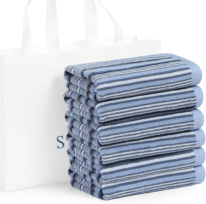 SALAS Premium Kitchen Dish Towels for Drying Dishes, Large Cotton Kitchen Towels, Stripped Terry Dish Cloths, Thick Highly Absorbent Towel Sets with Hanging Loop, 16" X 26", 6 Packs Blue