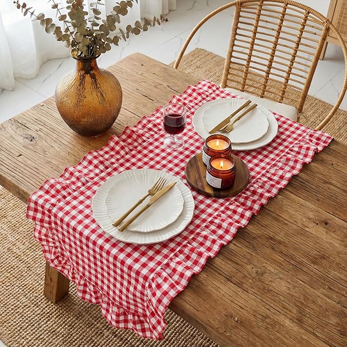 HunnmingRe 1 Pcs Red Plaid Gingham Ruffle Table Runner 118 x 13.8'' Farmhouse Table Runner 100% Cotton Scalloped Long Dresser Scarves for Dining Room, Wedding, Kitchen Rustic Home Decor