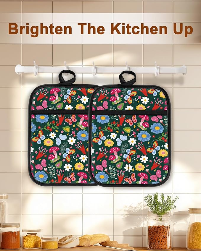 Swooflia 100% Cotton Pot Holders 2 Pack Set for Kitchen with Pockets - Cute 440°F Heat Resistant Oven Hot Pads Heavy Duty for Countertop Home Cooking Baking Microwave BBQ Vintage Floral