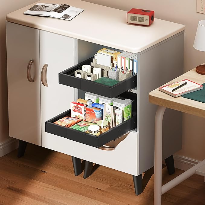 2 Pack Pull Out Cabinet Organizer, Drawers Slide Out Expandable Width (10"-15") and Depth (11"-17") With 3 Slides, Fixed with Adhesive Film and Nail for Cabinets in Kitchen, Pantry or Bathroom - Black