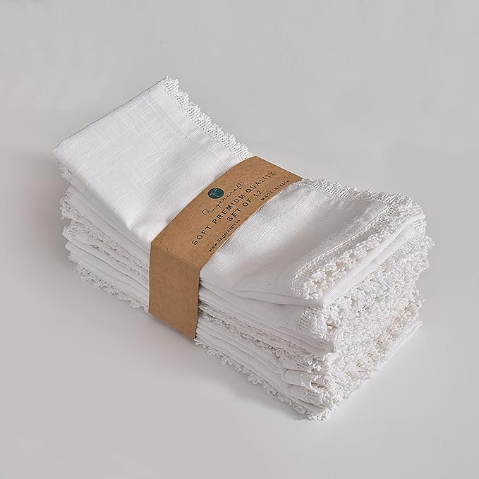 FINGERCRAFT Dinner Cloth Napkin Cotton Linen 4 Pack Vintage Rustic Premium Quality Mitered Corners Napkin Cloth with Elegant Lace for Everyday Use, Pre Shrunk and Good Absorbency 20x20 in White