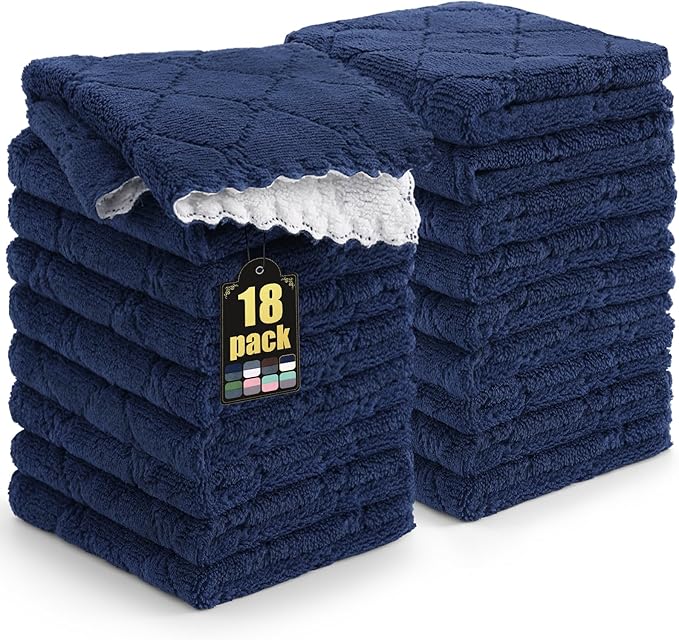 Mordimy 18 Pack Kitchen Cloths Dish Towels (10" x 10", Navy Blue & White), Super Soft and Absorbent Dish Cloths, Coral Velvet Microfiber Cleaning Cloth, Nonstick Oil Fast Dry Dishcloths