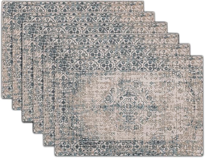 aportt Grey Brown Ethnic Boho Placemats Set of 6 Bohemian Carpet Vintage Gray Linen Washable Kitchen Dining Table Mats Stain Heat-Resistant Desktop Decor Place Mats for Home Party Indoor 12x18 in