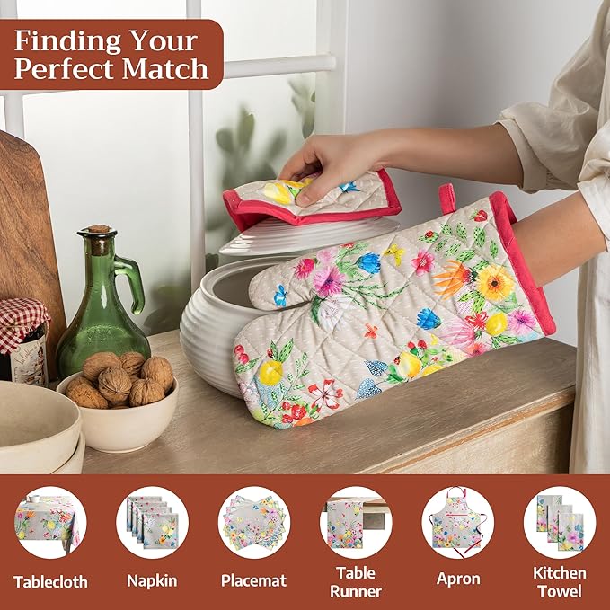 Maison d' Hermine 100% Cotton Oven Mitt & Pot Holder Set (7.5"x13" & 8"x8") Heat Resistant BBQ Cooking Gloves with Loop Grilling Kitchen Gifts for Mothers Day Spring/Summer (Jardin D'Ete - Fog)