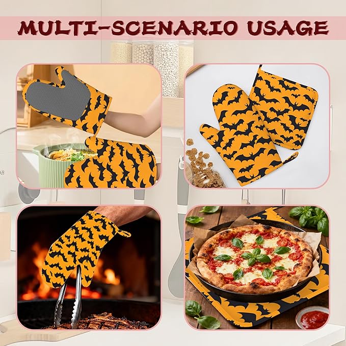Halloween Bat Heat-Resistant Silicone Oven Mitts and Pot Holders 4 Piece Set,Extra Long Non-Slip Kitchen Oven Gloves for Cooking, Baking, BBQ,Grilling