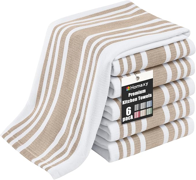 Homaxy Premium Kitchen Towels 18”x 28”, Large Cotton 380 GSM Kitchen Hand Towels, Stripe and Terry Dish Towel, Highly Absorbent Tea Towel Set with Hanging Loop, 6 Pack, Khaki