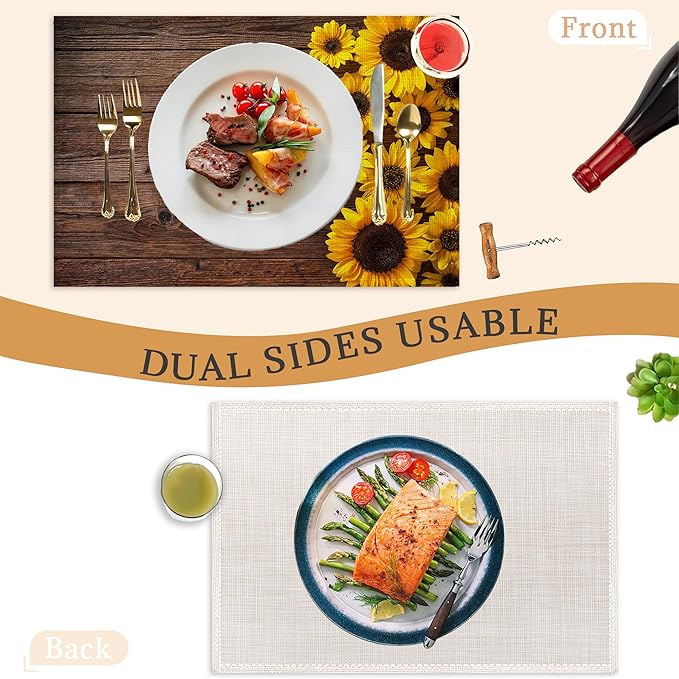Sunflowers Wooden Placemats Set of 6,Washable Heat Resistant 12×18 Inch Linen Table Mats,Place Mats for Party Outdoor Dining Decor
