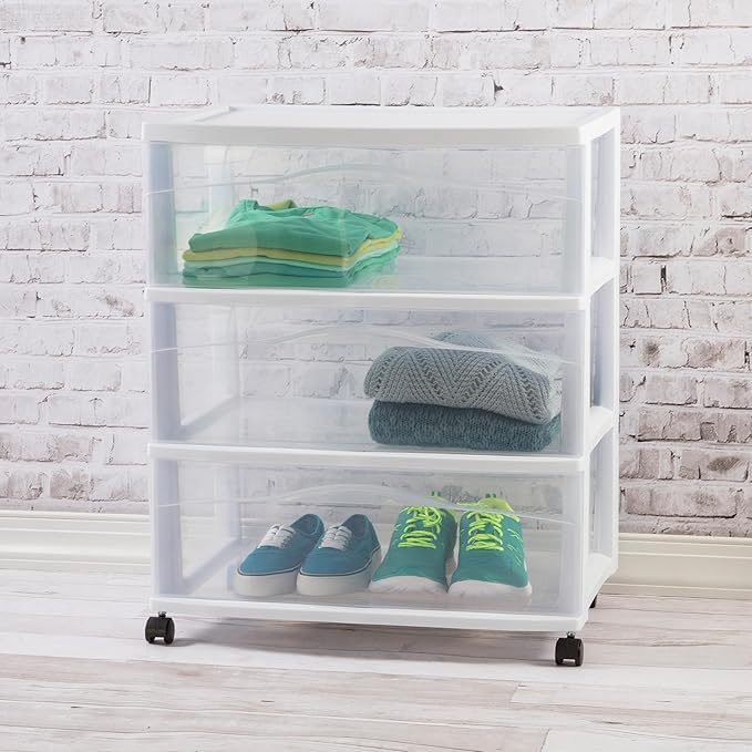 Sterilite Wide 3 Drawer Storage Cart, Plastic Organizer with Wheels, White - Multipurpose Bin for Clothes, Accessories, or Home Accessories