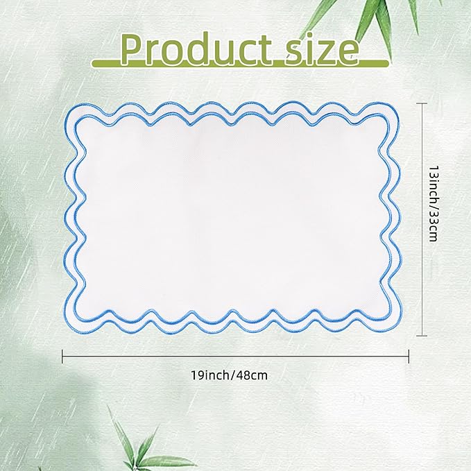 Set of 6 Cotton Linen Placemats, 13''x 19'' Wavy Embroidery Scalloped Placemats Washable Rustic Dinner Waterproof Table Mats (Blue)
