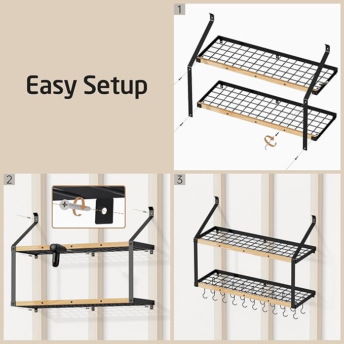 KES 132lb Heavy Duty Hanging Pot Rack Wall Mounted, 34 Inch Solid Wood Pot Rack Wall Mounted with 20 Sturdy Hooks, 2-Tier Wooden Pots Hanger Organizer Matte Black, KUR529S85B-BK