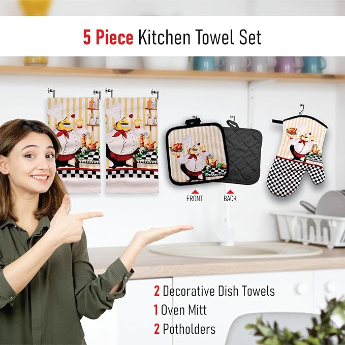 Lobyn Value Packs - Charming 5 Piece Kitchen Towel Set: Chubby Uniformed Chef Design, Includes 2 Decorative Dish Towels (25 X15) 1 Oven Mitt (11 X 7) and 2 Potholders (6.5 X 6.5)