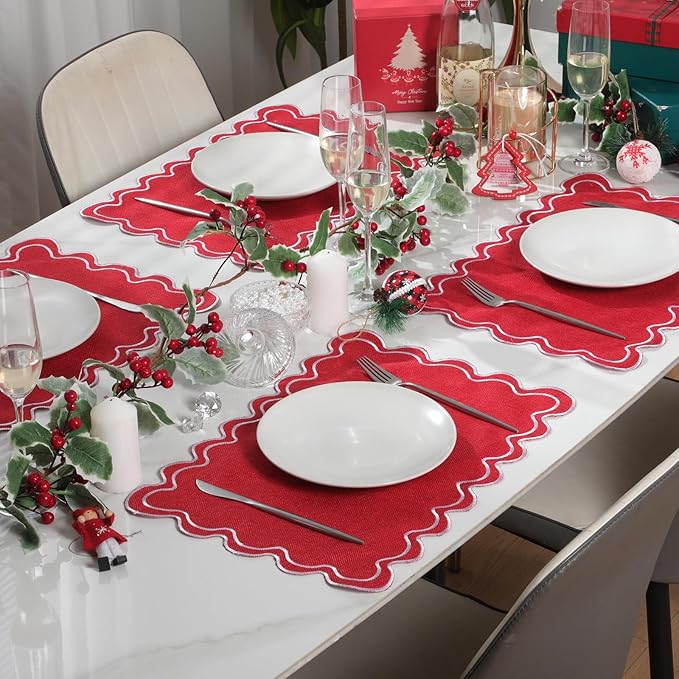 Linen Placemats Set of 12 Scalloped Placemat 13 X19 Wavy Embroidery Double Layered Washable Farmhouse Dinner Fabric Table Mat Napkin for Wedding Party Christmas Hotel Restaurant(Red)