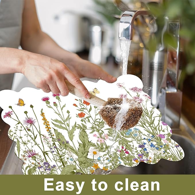 Spring Placemats Set of 6 Flower Plastic Table Mats Wild Flowers Place Mats Retro Flower Table Decoration for Indoor Outdoor Party Kitchen Dining Decoration