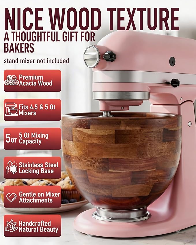 Wood Mixing Bowl Compatible with KitchenAid 4.5 & 5 Qt Tilt-Head Stand Mixer, 5QT Wooden Bowl with Stainless Steel Base, Natural Nonstick Mixing Bowl, Gift for Bakers