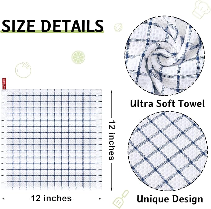 Homaxy 100% Cotton Dish Cloths, 6 Pack-12 X 12 Inches, Check Design Waffle Weave Dish Rags for Washing Dishes, Ultra Absorbent and Fast Drying Dishcloths, Navy Blue