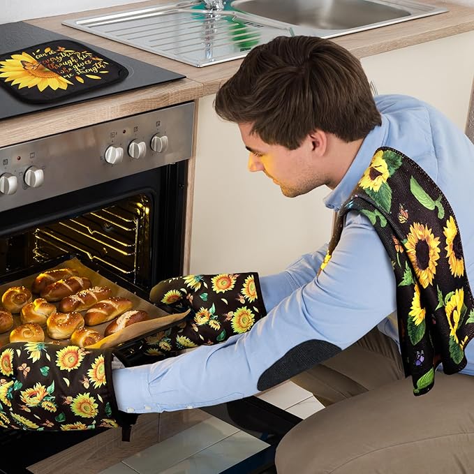 Bencailor 6 Pcs Spring Kitchen Decor Sunflower Pot Holders and Oven Mitts Sets Yellow Kitchen Towel 2 Farmhouse Cooking Mittens for Cooking Grilling Supply Accessories(Black,Sunflower)