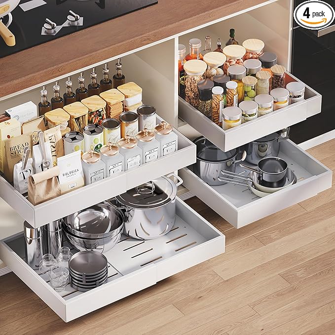 4 Pack Pull out Cabinet Organizer,Extendable (12"-20") Heavy-Duty Pull-Out Drawers (white, 21" Dx12-20 W)