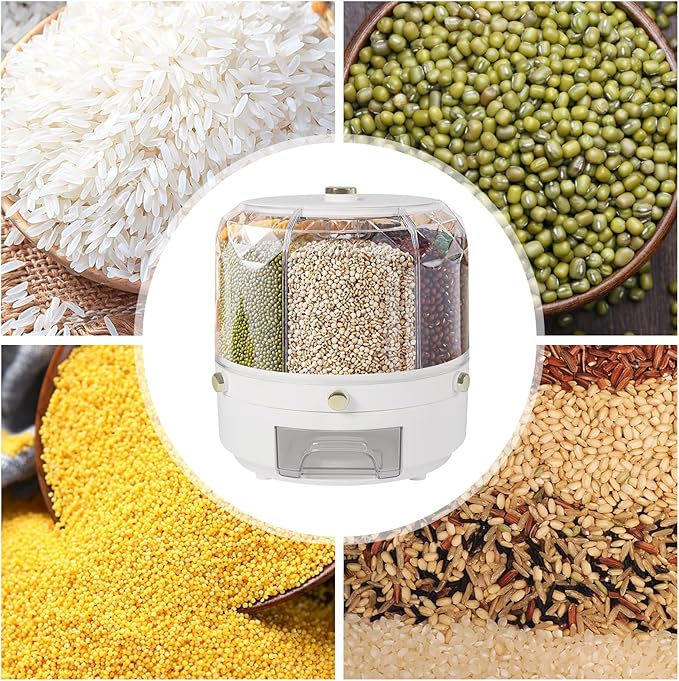 Rice Dispenser 6 Grids Dry Food Storage Containers 360° Rotating Cereal Dispenser for Kitchen Pantry Organization, Storage Bucket for Small Grains, Beans, Rice (6 Grids - A02)
